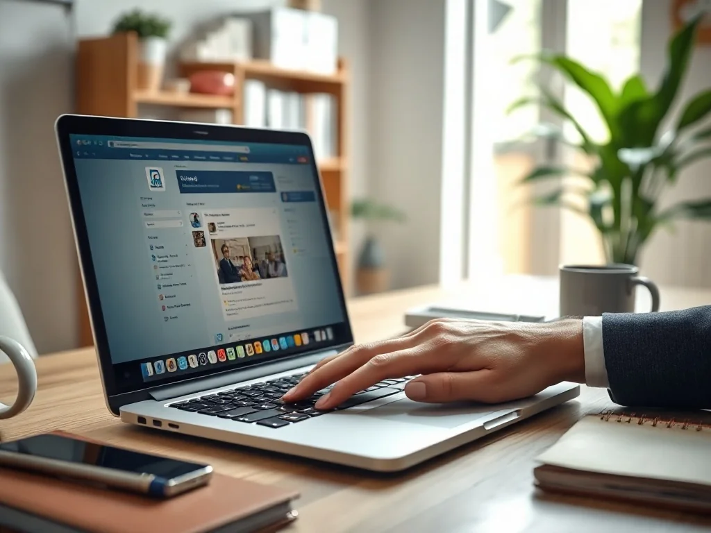 Osoba pracuje nad profilem na LinkedIn na laptopie w nowoczesnym, jasnym biurze domowym, budując markę osobistą.