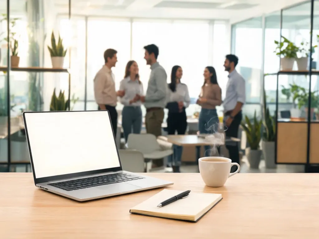 Nowoczesne biuro z uśmiechniętym, zróżnicowanym zespołem, podkreślające przyjazną kulturę i silny employer branding.
