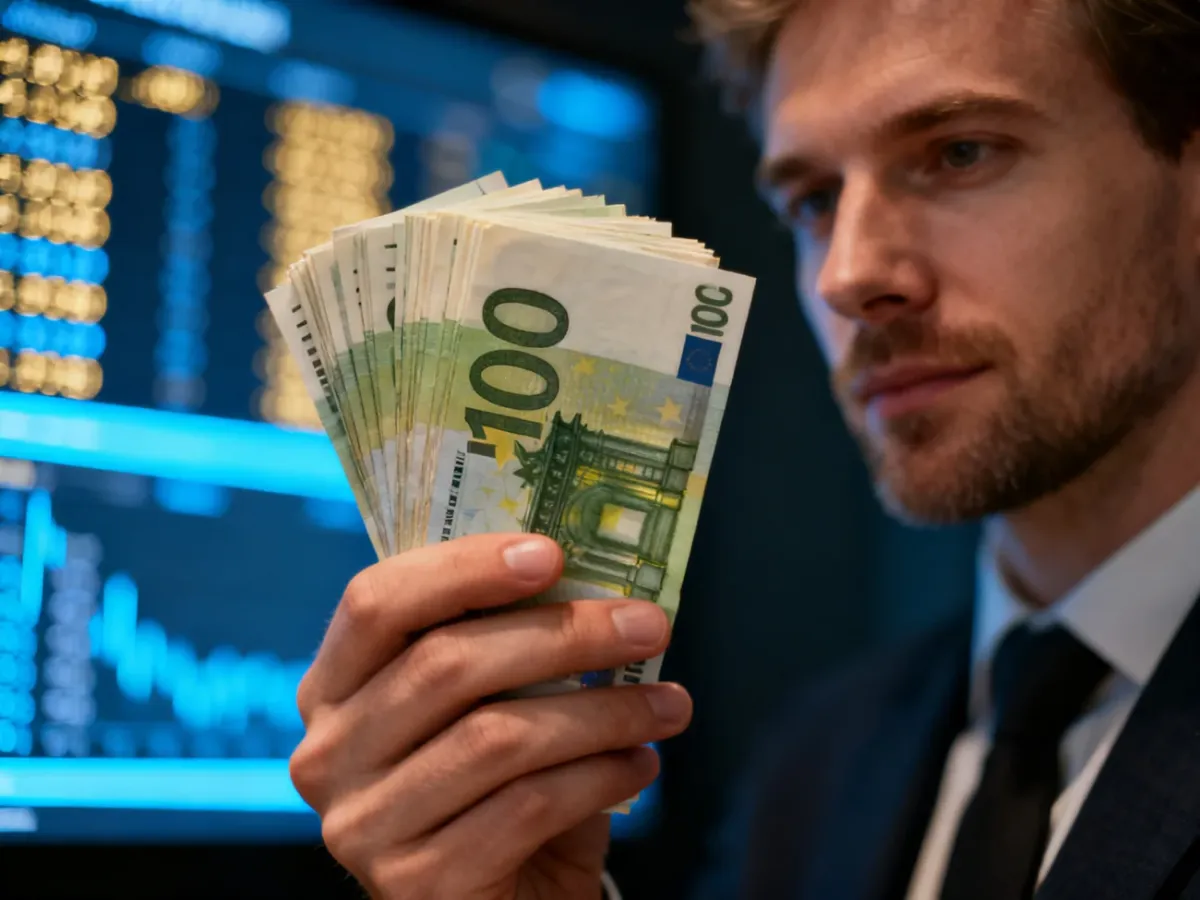 Mężczyzna trzymający w dłoni plik banknotów o nominale 100 euro na tle cyfrowej tablicy kursów walut.