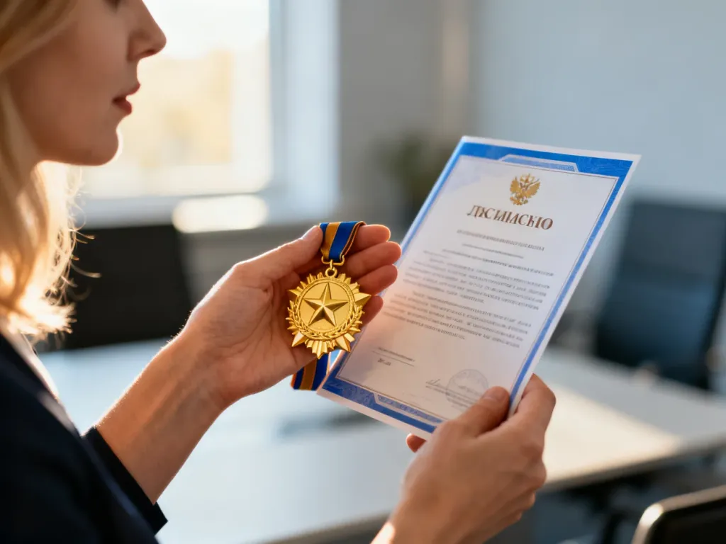 Pracownica budżetówki trzymająca pamiątkowy medal i dokument, symbolizujące jubileusz 45-lecia pracy zawodowej.