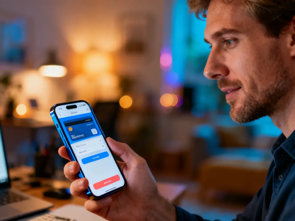 Mężczyzna dokonujący płatności online za pomocą smartfona w przytulnym domowym biurze.