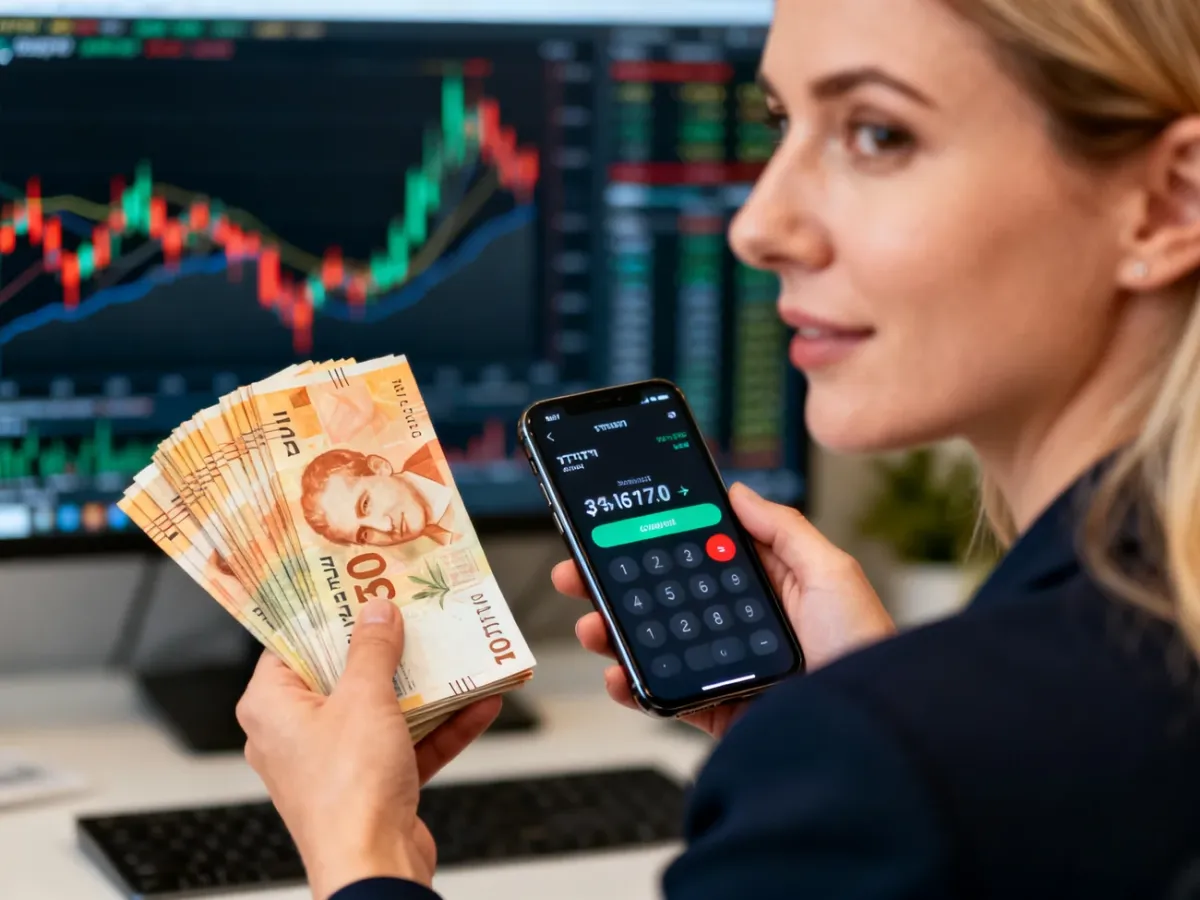 Kobieta trzymająca banknoty szekli oraz smartfon z aplikacją do przeliczania walut na tle wykresów finansowych.