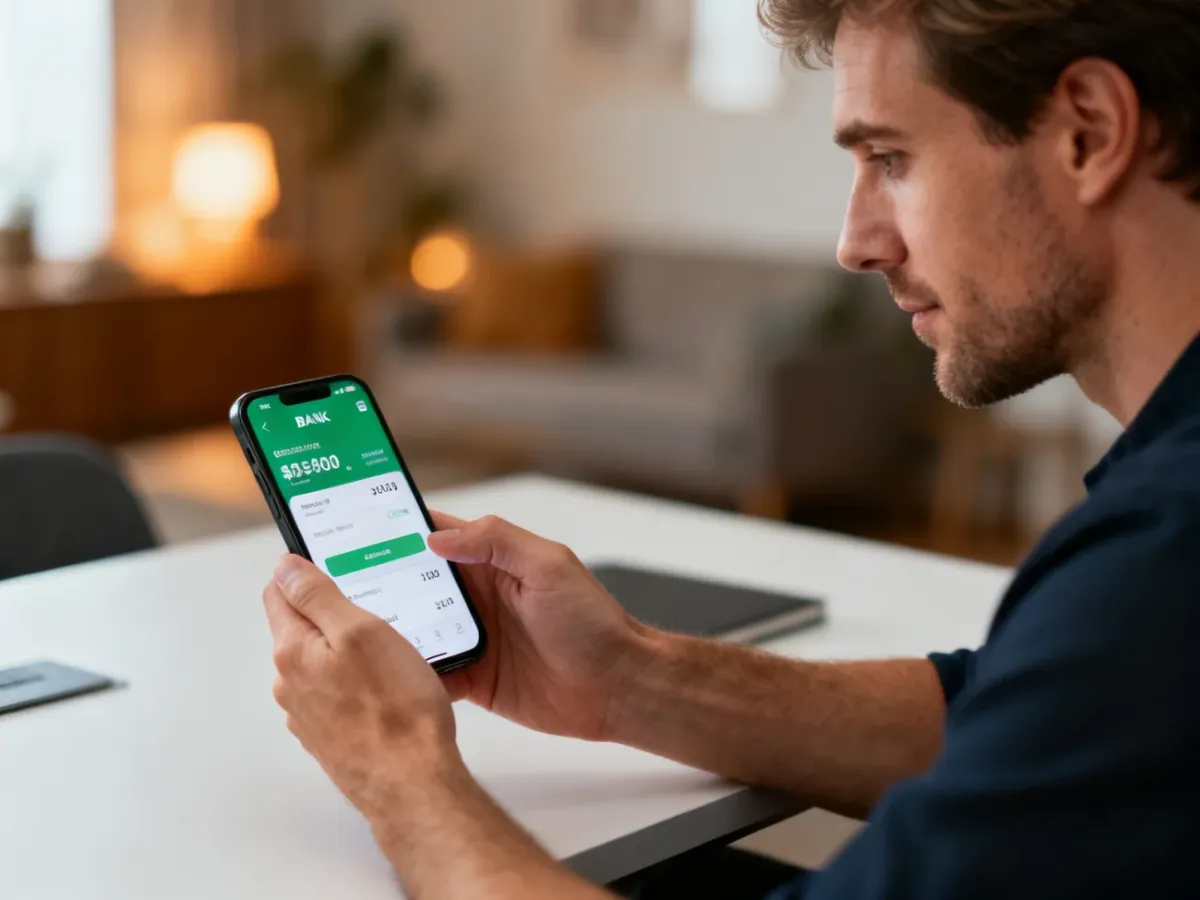 Mężczyzna korzystający z aplikacji bankowej na smartfonie w przytulnym wnętrzu, wykonujący przelew za mieszkanie.