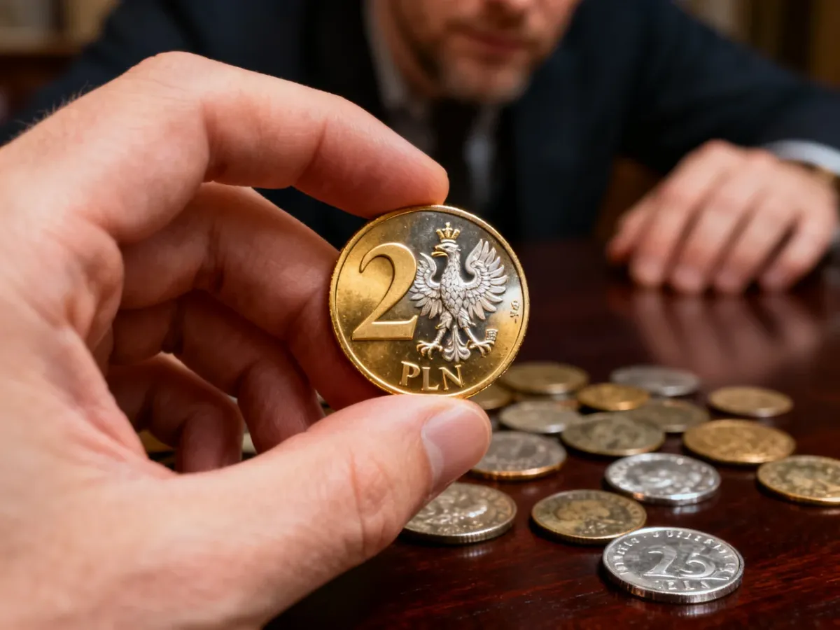 Dłoń trzymająca okolicznościową monetę 2 zł na tle kolekcji numizmatycznej rozłożonej na drewnianym stole.