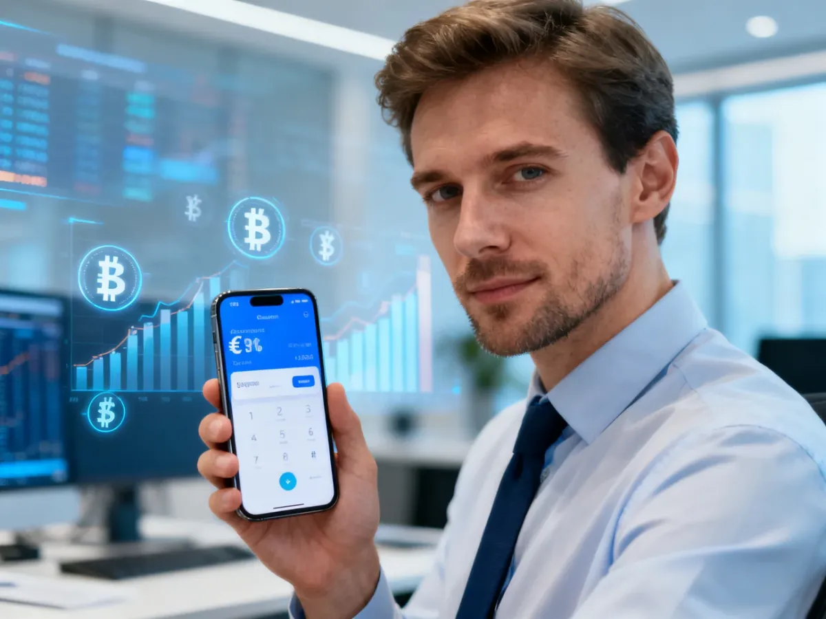 Mężczyzna trzymający smartfon z aplikacją do przeliczania walut na tle nowoczesnego biura finansowego.