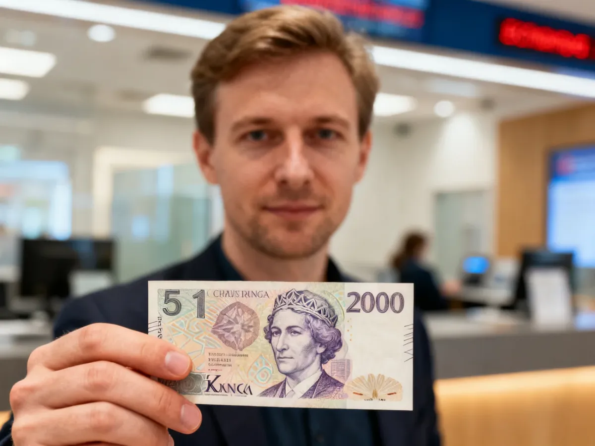 Mężczyzna trzymający w dłoni banknot czeskiej korony na tle nowoczesnego kantoru wymiany walut.