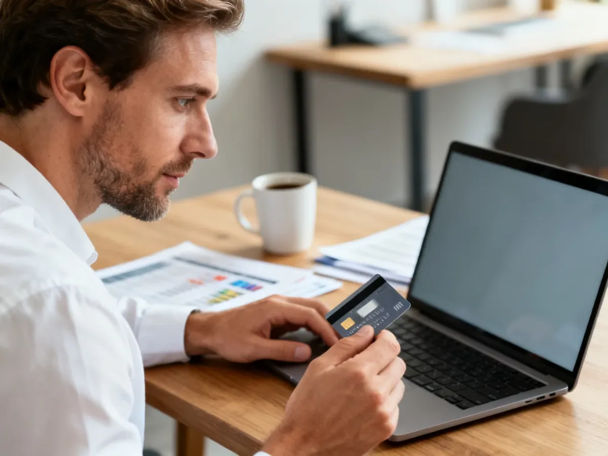 Mężczyzna w domowym biurze dokonuje płatności online, patrząc na ekran laptopa z kartą płatniczą w dłoni.