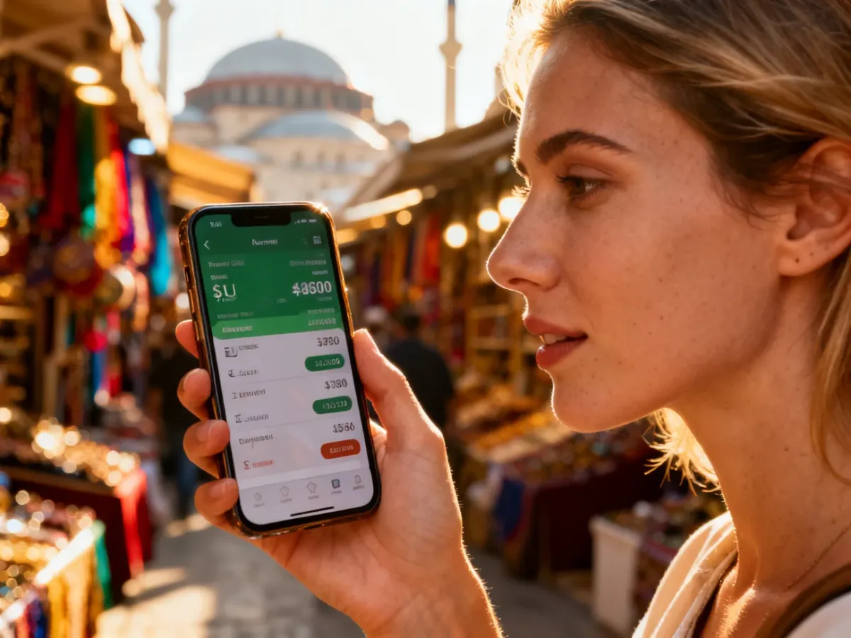 Kobieta trzymająca smartfon z aplikacją do przeliczania walut na tle rozmytego tureckiego bazaru.