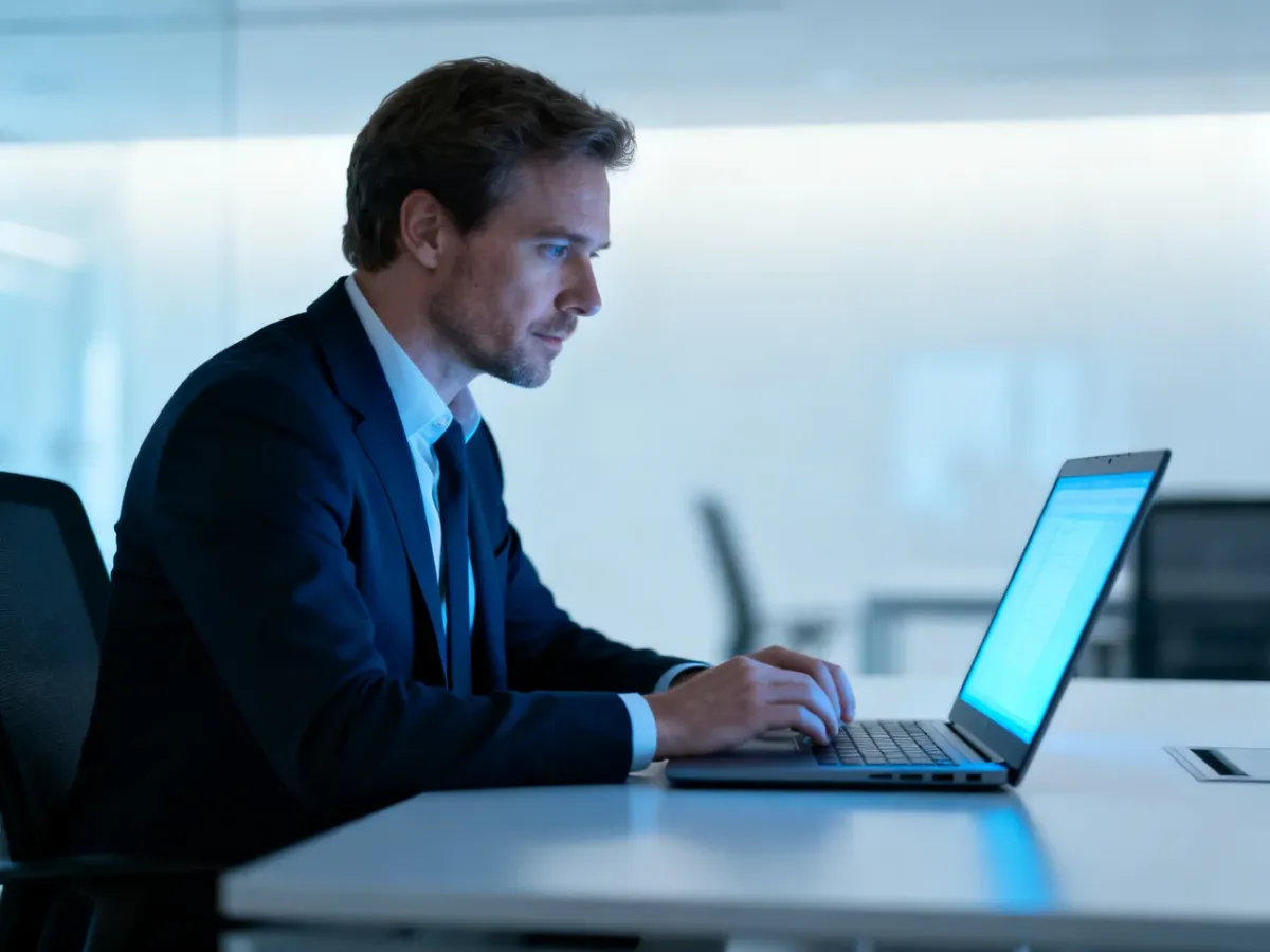 Mężczyzna pracujący przy laptopie w nowoczesnym biurze, ilustrujący proces logowania do konta Office 365.