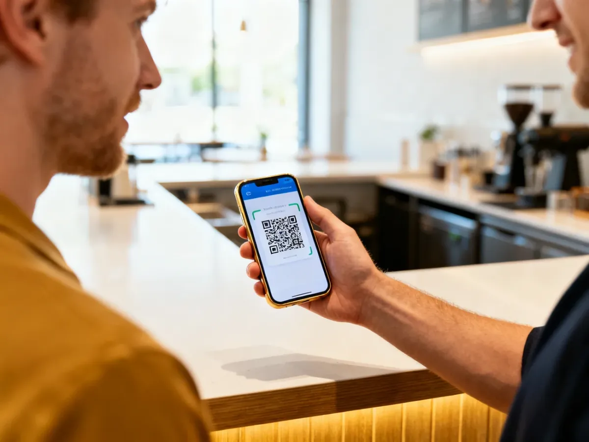 Mężczyzna płacący smartfonem za pomocą kodu QR przy ladzie w nowoczesnej kawiarni.