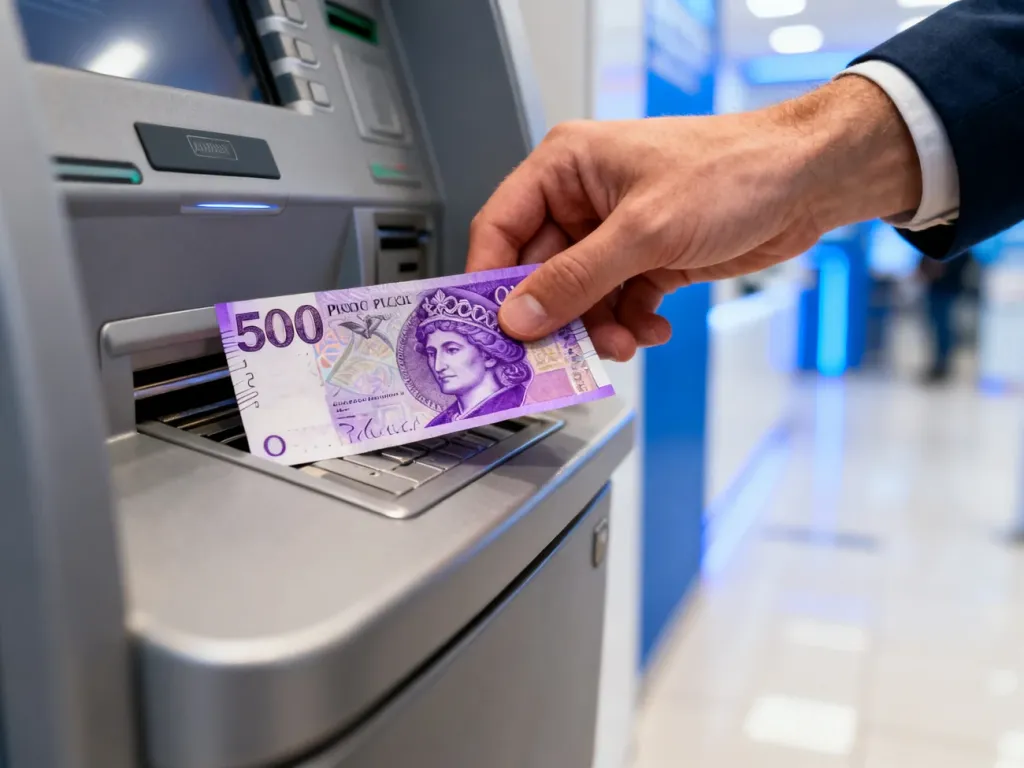 Dłoń wkładająca banknot 500 zł do szczeliny wpłatomatu w nowoczesnym wnętrzu banku.
