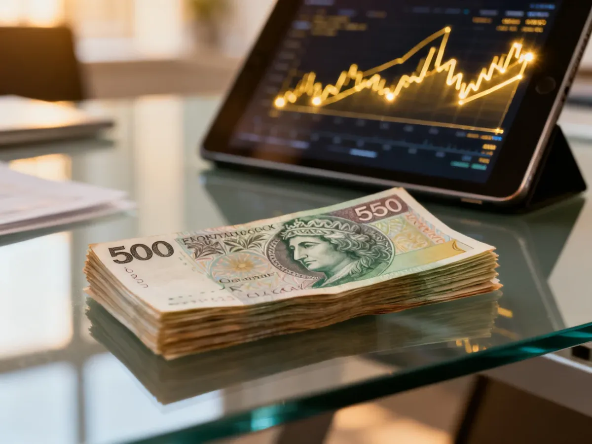 Stos banknotów 500 zł na biurku obok tabletu z wykresem kursów walut, symbolizujący wymianę pieniędzy.