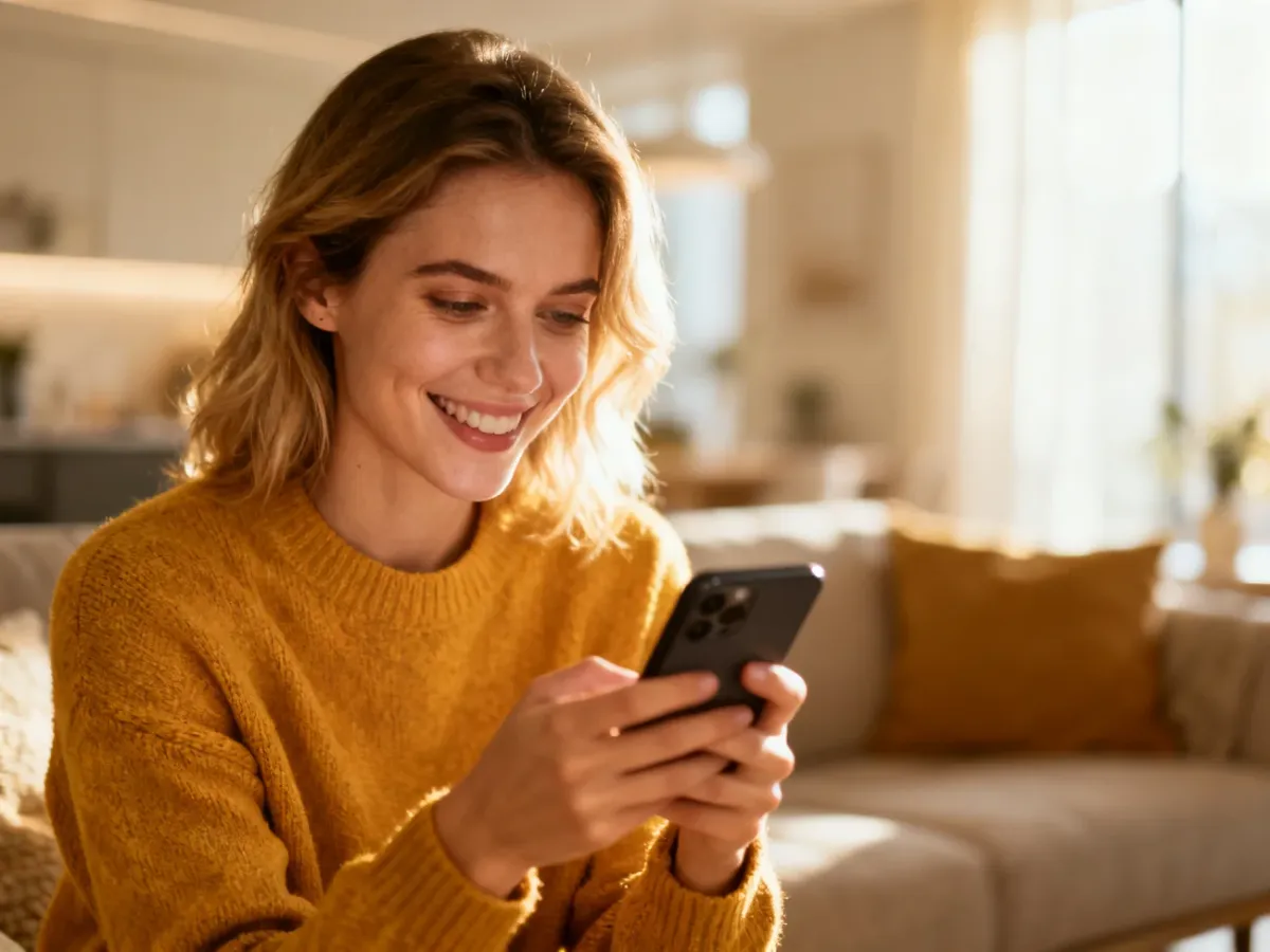 Kobieta zadowolona z zakupów online na smartfonie w przytulnym salonie, co ilustruje wygodę płatności odroczonych.