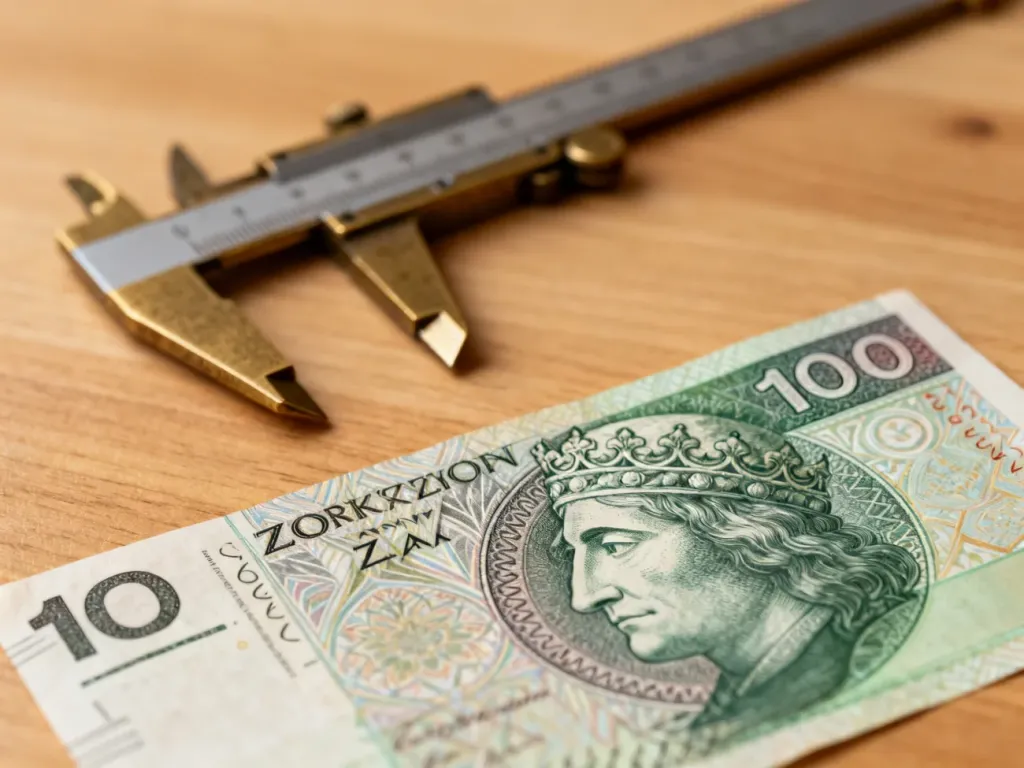 Banknot 100 zł leżący na drewnianym biurku obok metalowej linijki i suwmiarki, obrazujący proces pomiaru wymiarów waluty.