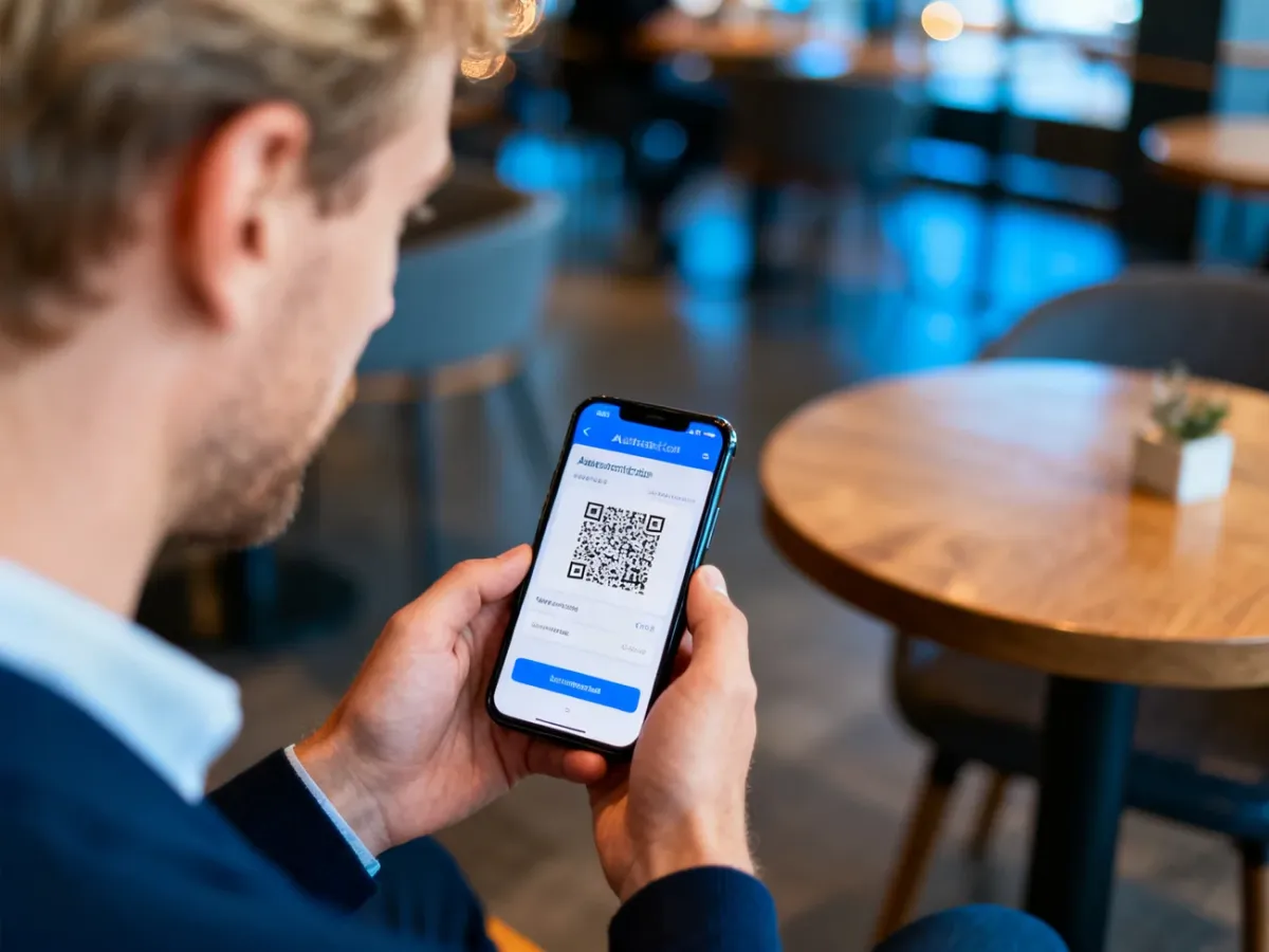 Mężczyzna trzymający smartfon z wygenerowanym kodem BLIK w nowoczesnej kawiarni. Ilustracja procesu płatności czekiem BLIK.