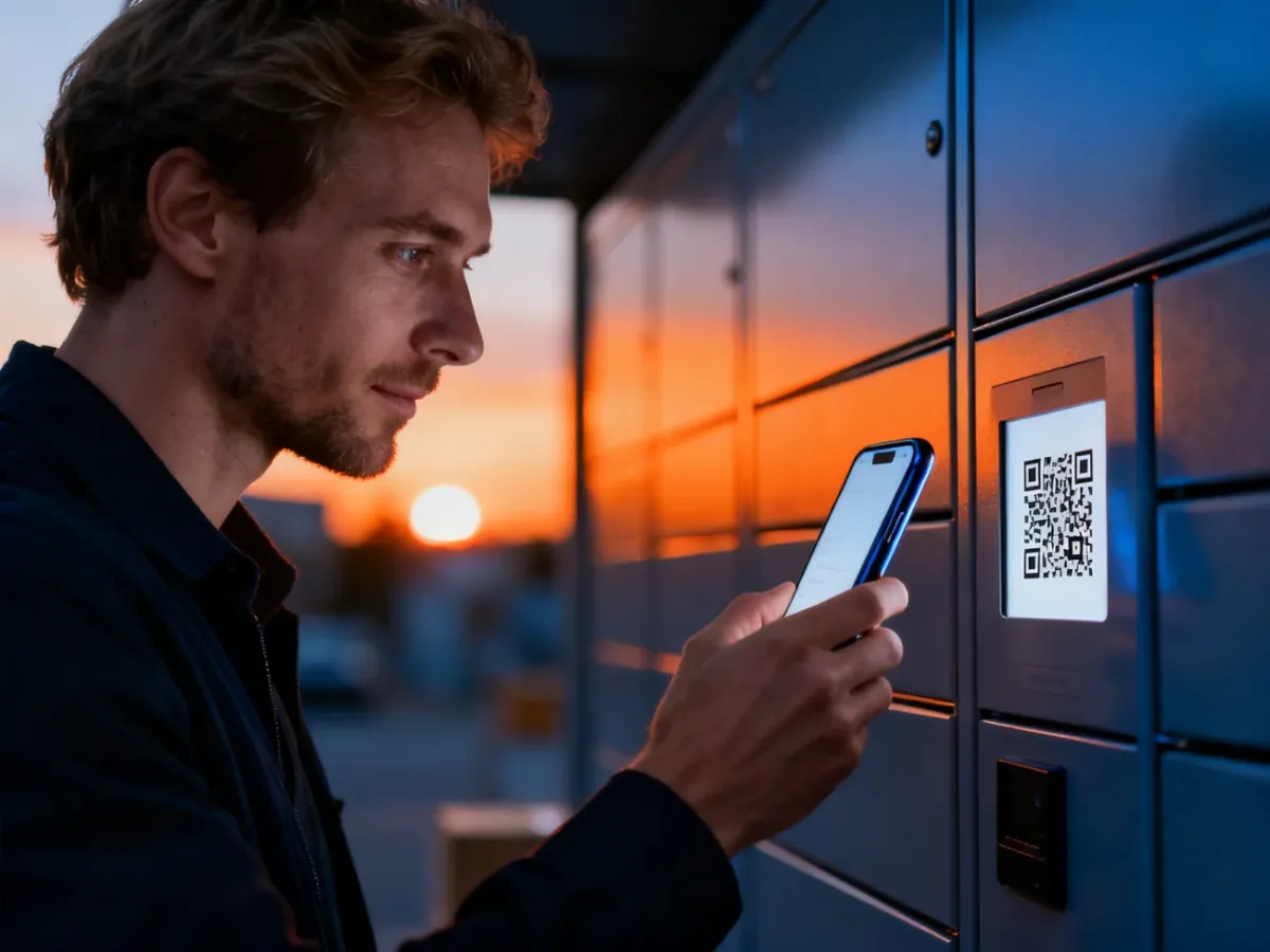 Mężczyzna skanuje smartfonem kod QR na paczkomacie InPost w świetle zachodzącego słońca.