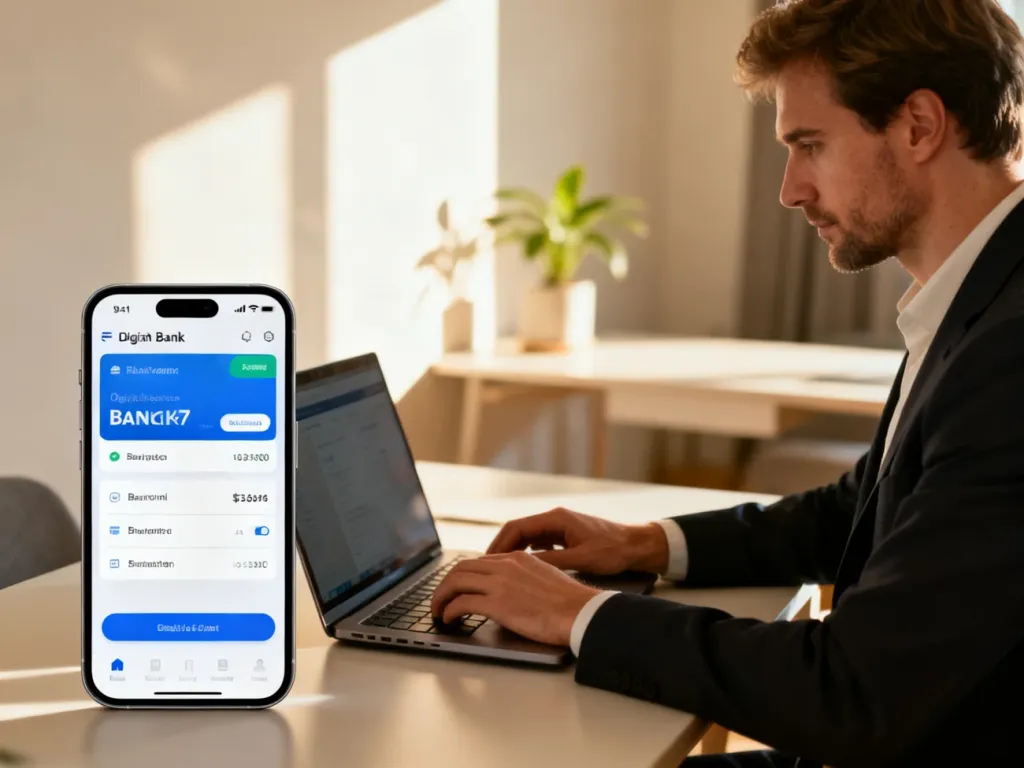 Mężczyzna pracujący na laptopie w nowoczesnym biurze z widoczną aplikacją bankową na smartfonie.