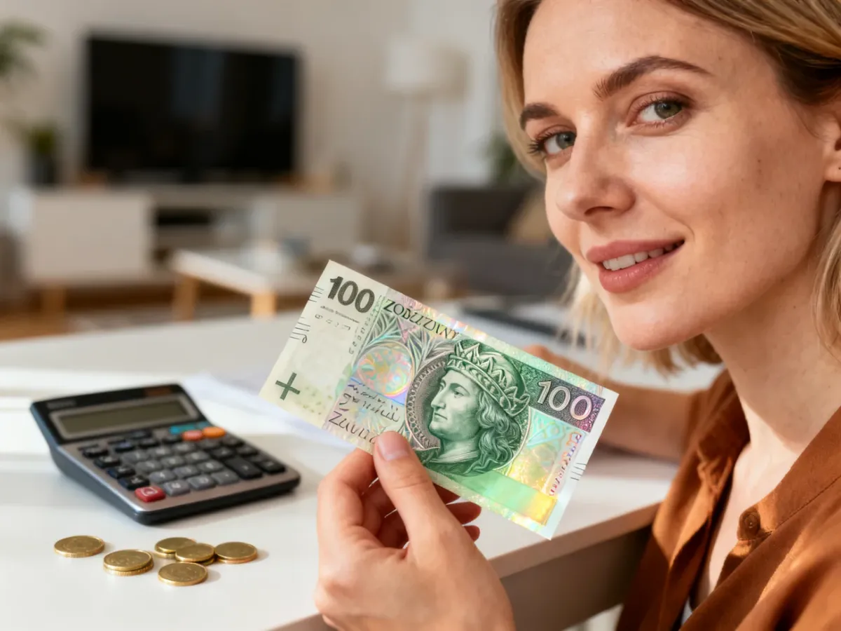 Kobieta trzymająca w dłoni banknot 100 złotych na tle biurka z kalkulatorem i monetami.