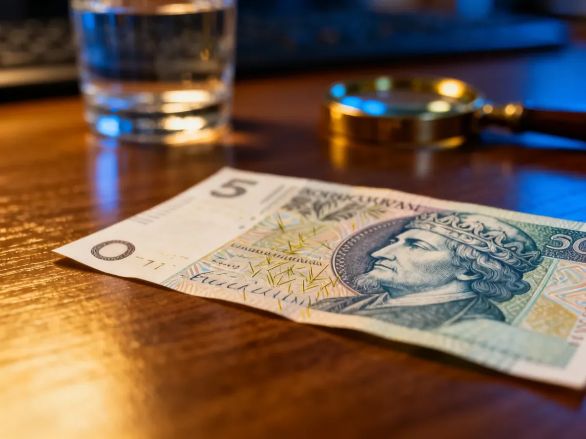Zbliżenie na fakturę nowego banknotu 100 zł leżącego na drewnianym biurku obok lupy i szklanki wody.