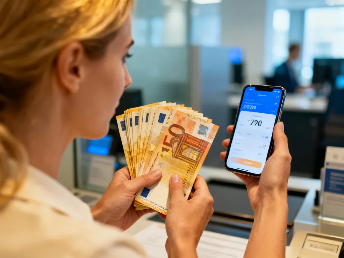 Kobieta trzymająca plik banknotów euro i sprawdzająca kurs walut w aplikacji na smartfonie w nowoczesnym biurze.