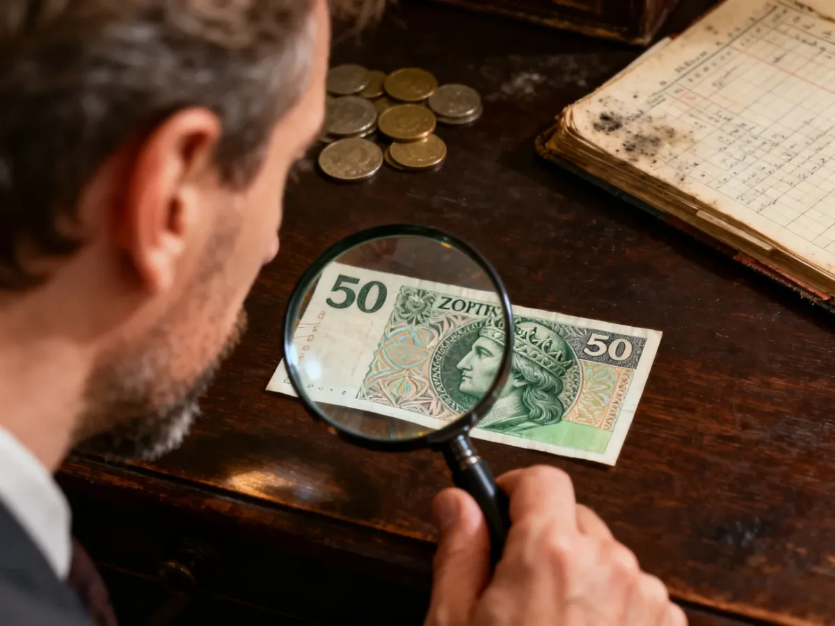 Kolekcjoner z lupą bada detale starego banknotu 50-złotowego na drewnianym biurku, oceniając jego autentyczność i stan.