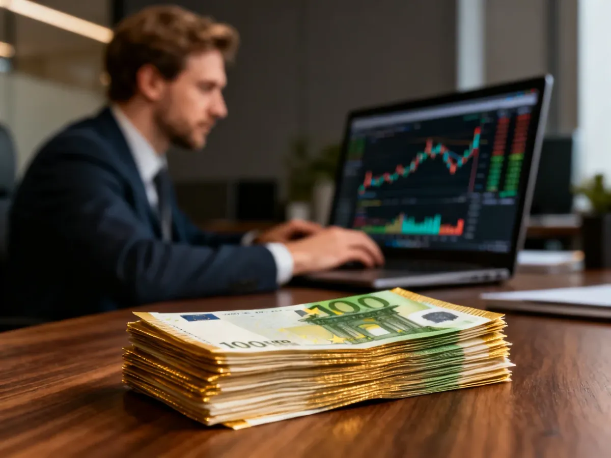 Stos banknotów euro na biurku obok osoby analizującej wykresy finansowe na laptopie.