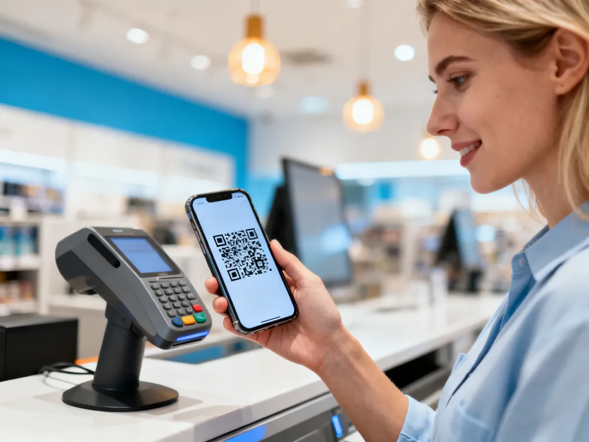 Kobieta płacąca smartfonem poprzez zeskanowanie kodu QR na terminalu płatniczym w nowoczesnym sklepie.
