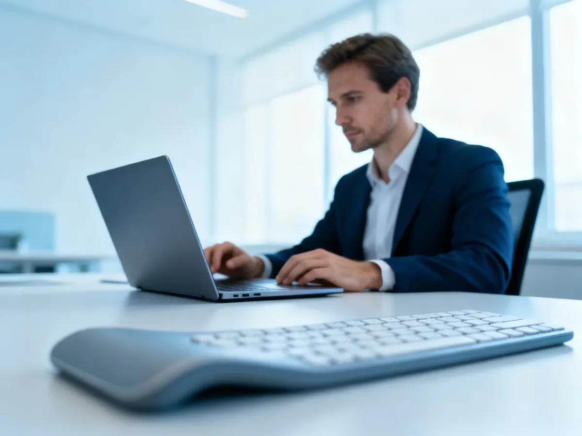 Pracownik biurowy skupiony na pracy przy laptopie w nowoczesnym, jasnym wnętrzu.