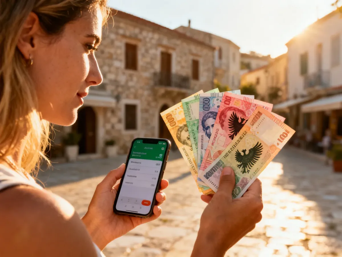 Kobieta trzymająca albańskie leki i smartfon z przelicznikiem walut na tle słonecznej ulicy w Albanii.