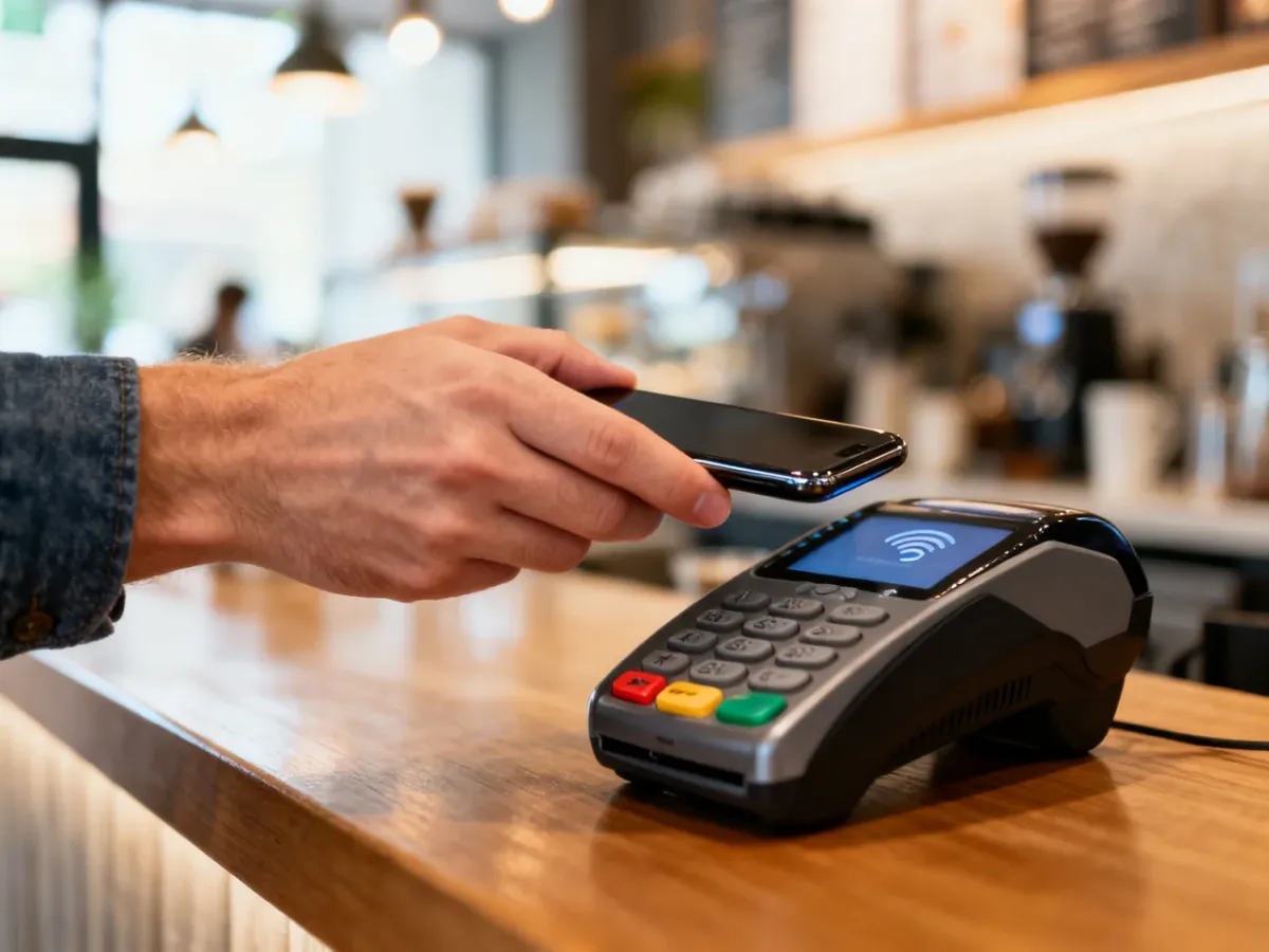 Mężczyzna płaci zbliżeniowo smartfonem przy terminalu w nowoczesnej kawiarni, co ilustruje działanie usługi Apple Pay.