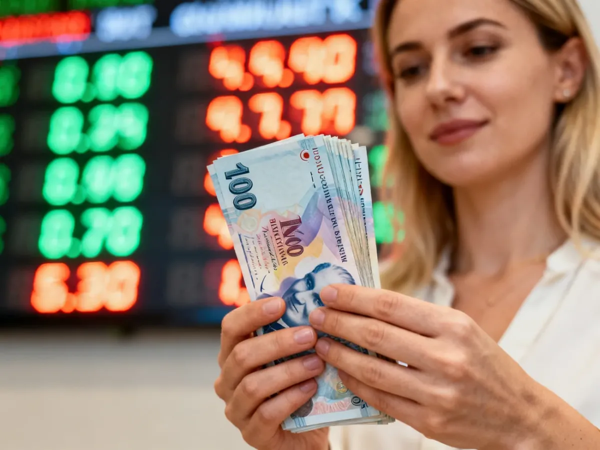 Kobieta trzymająca w dłoniach plik banknotów liry tureckiej na tle rozmytej tablicy kursów walut.
