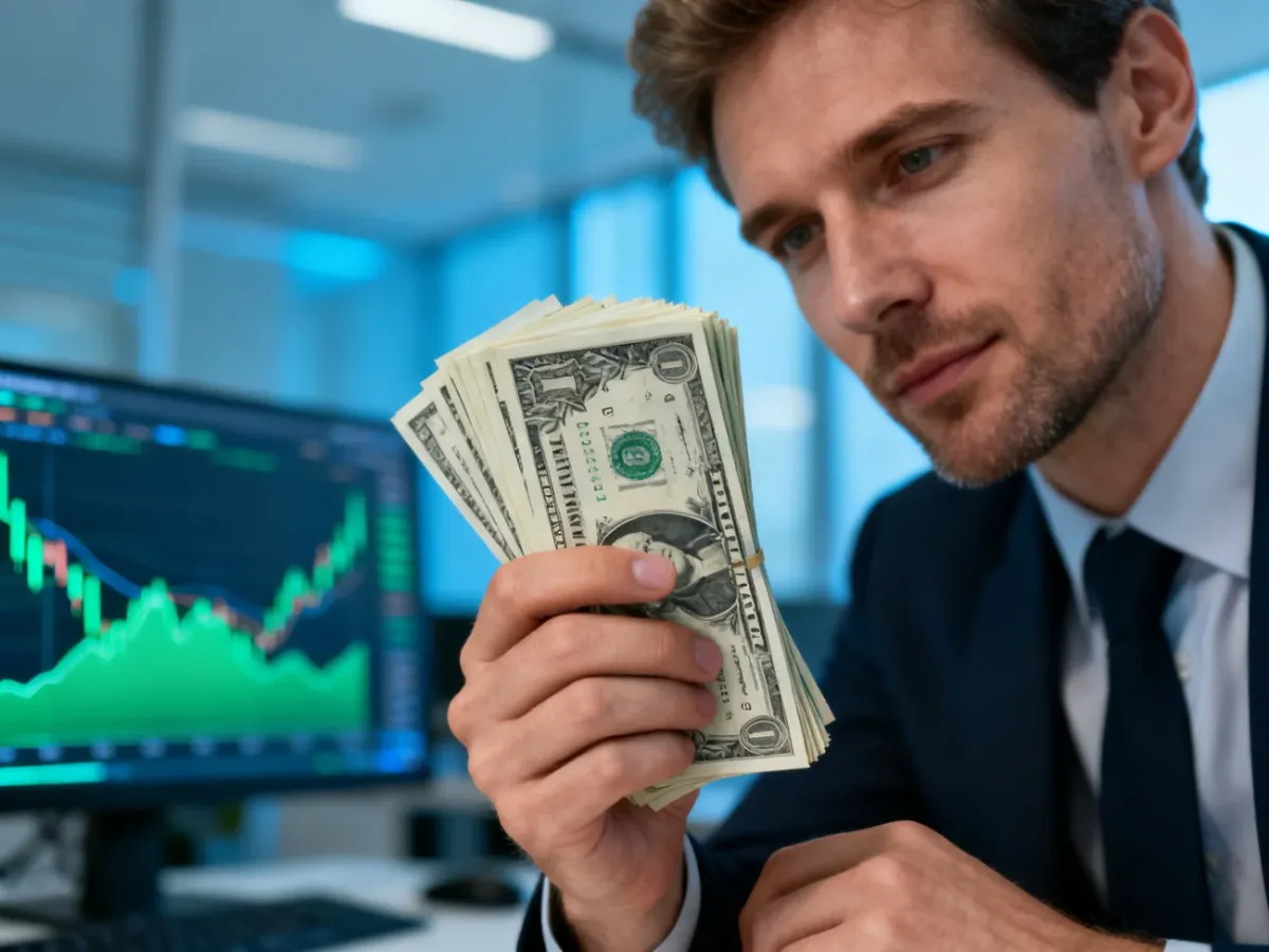 Mężczyzna trzymający w dłoniach plik dolarów na tle wykresów finansowych w biurze.