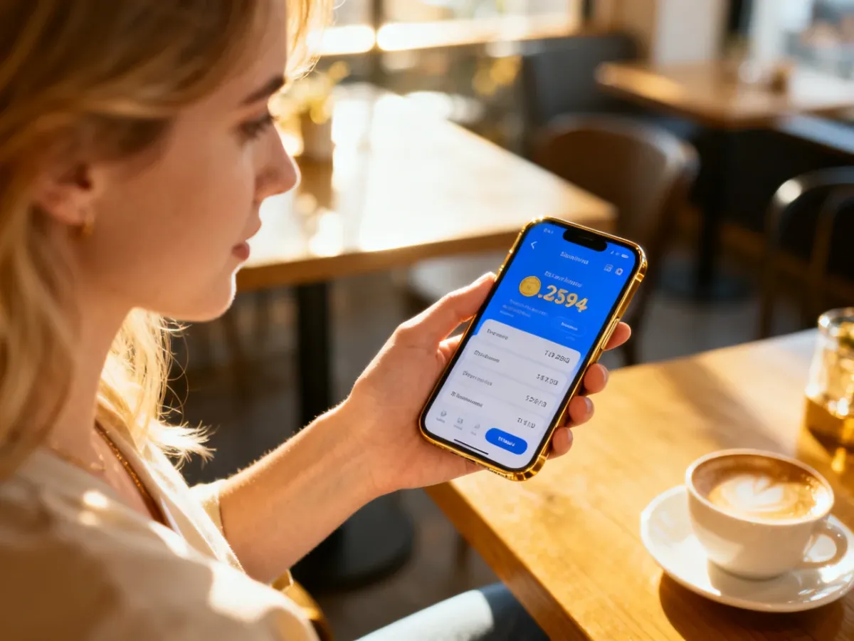 Kobieta korzystająca z aplikacji finansowej na smartfonie w przytulnej kawiarni.