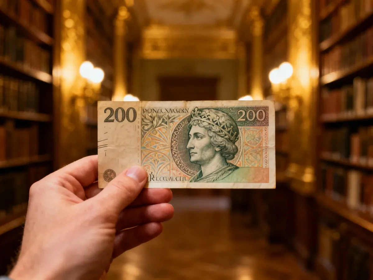 Dłoń trzymająca zabytkowy banknot 200 zł na tle eleganckiej biblioteki o ciepłym, nastrojowym oświetleniu.