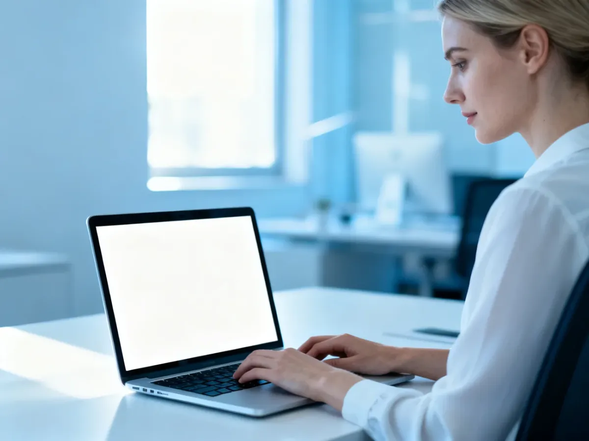 Pracownica korzystająca z laptopa w nowoczesnym biurze, symbolizująca łatwy dostęp do panelu pracownika w systemie HRnest.