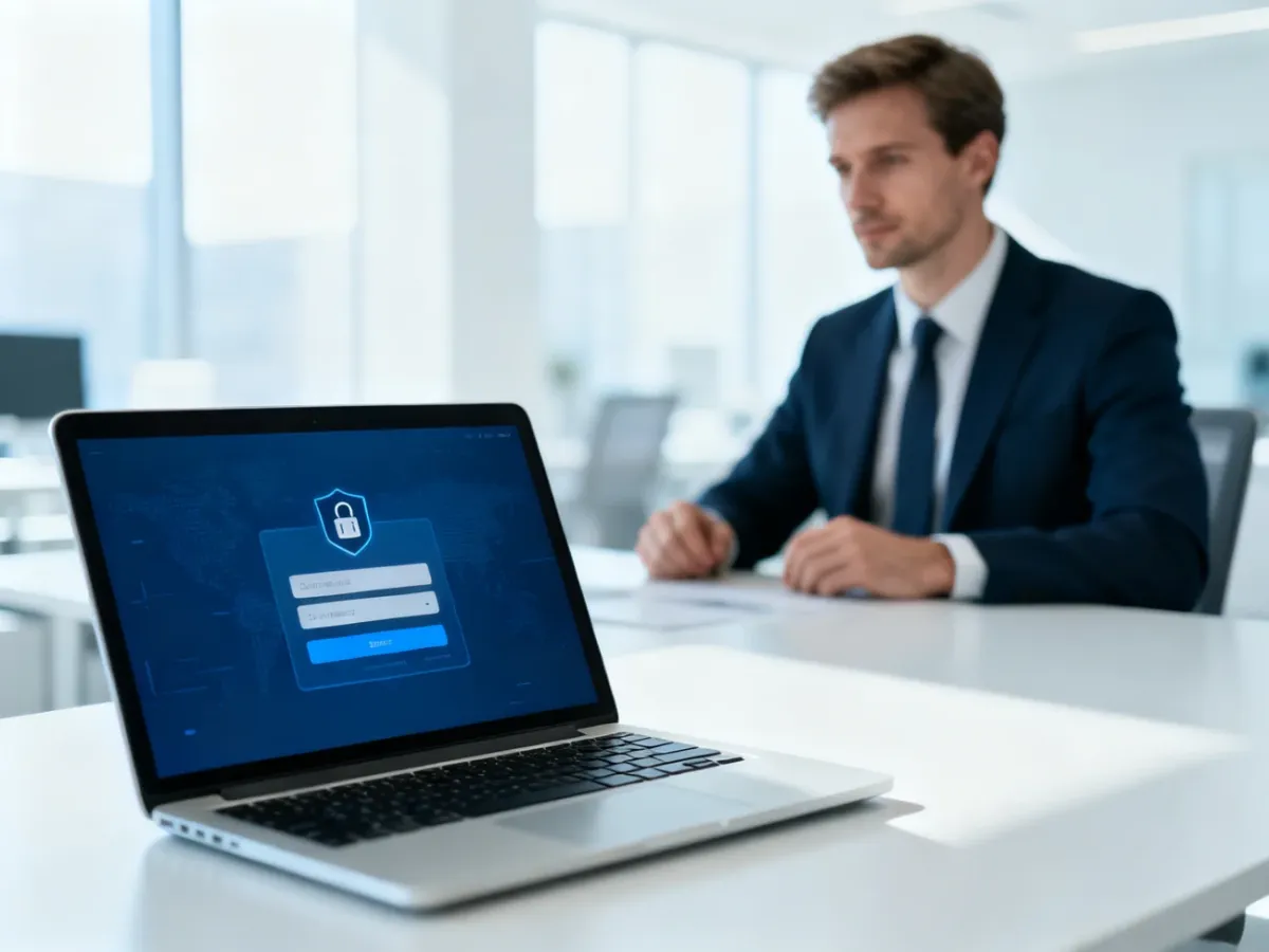 Mężczyzna pracujący przy laptopie z widocznym interfejsem logowania w nowoczesnym biurze.