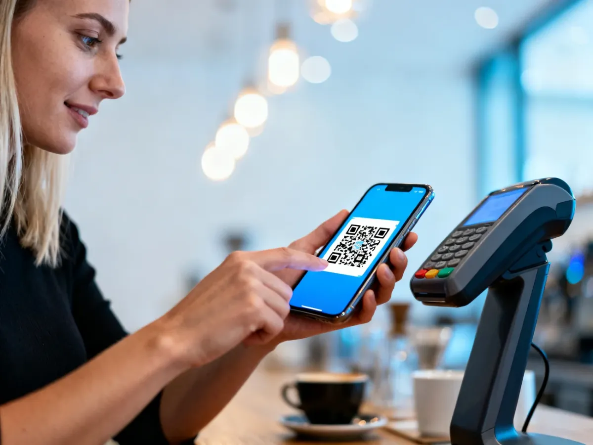 Kobieta płacąca telefonem za pomocą kodu QR w nowoczesnej kawiarni, co ilustruje proces bezpiecznej płatności BLIK.