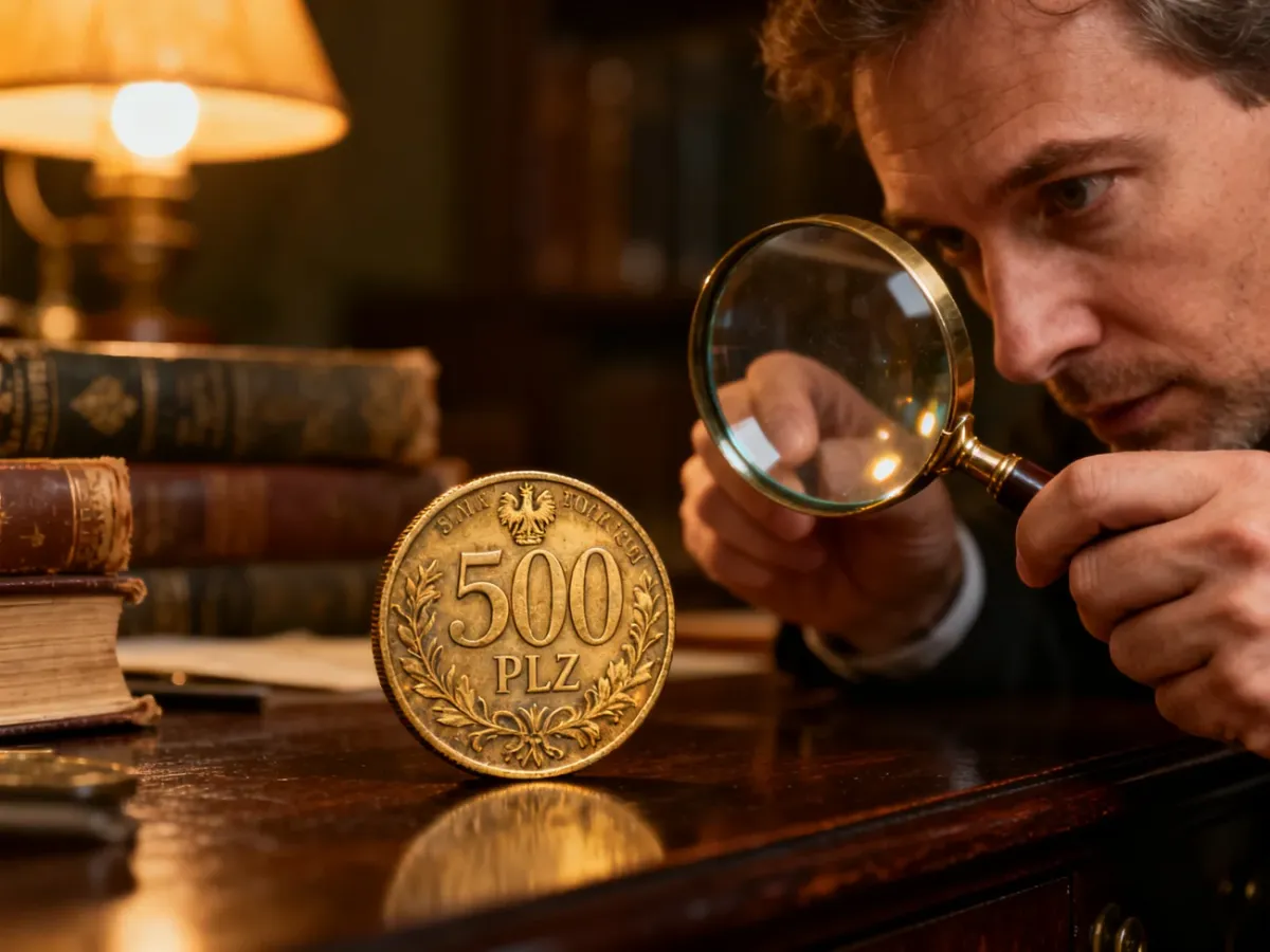 Mężczyzna z lupą bada detale starej monety 500 zł leżącej na drewnianym biurku, oceniając jej stan kolekcjonerski.