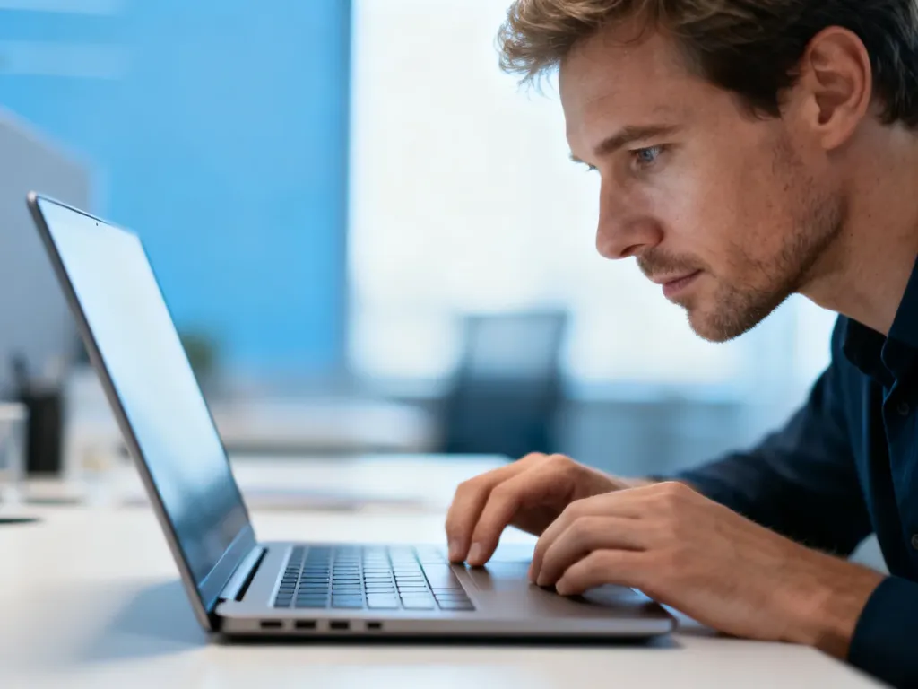 Mężczyzna pracujący przy laptopie w nowoczesnym, jasnym biurze, skupiony na obsłudze systemu informatycznego.