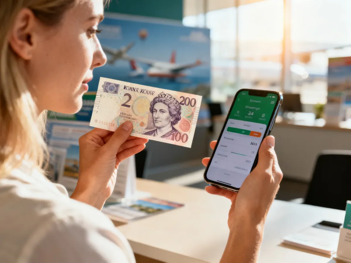 Kobieta sprawdza kurs korony czeskiej w aplikacji mobilnej, trzymając w dłoni banknot.