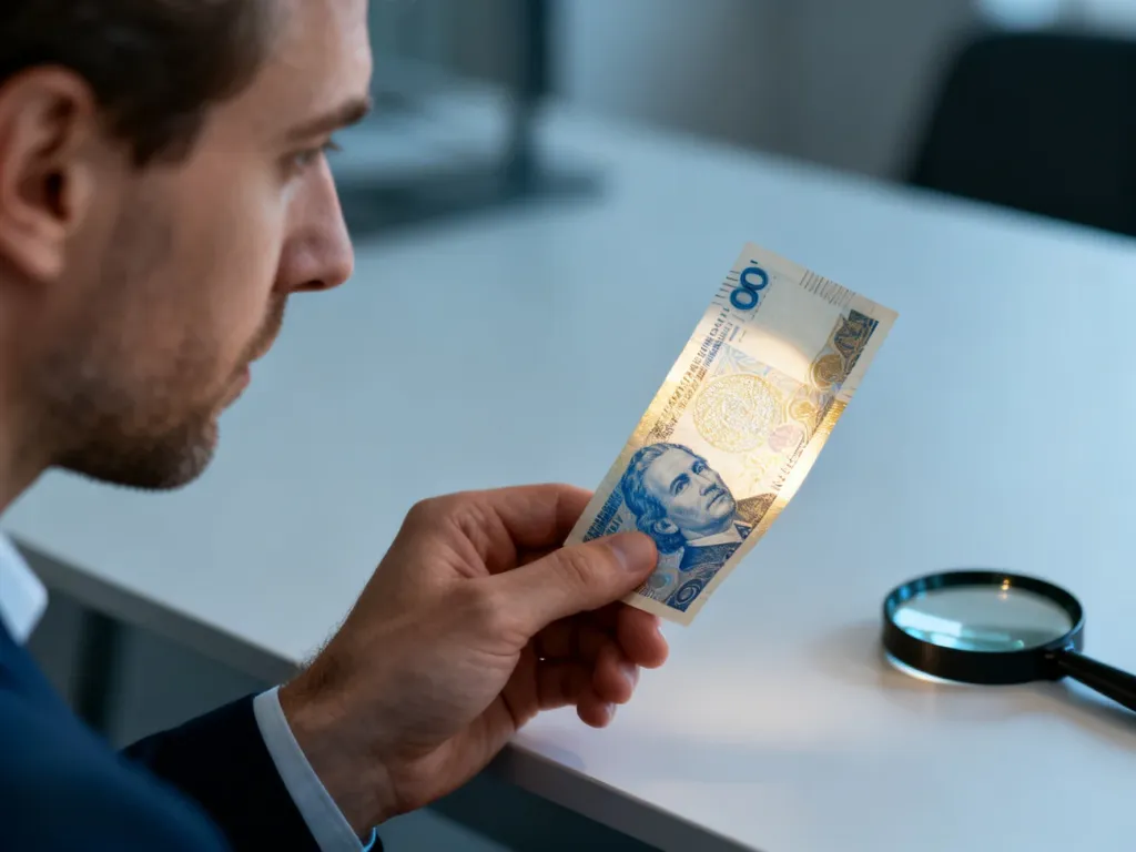 Dłoń sprawdzająca autentyczność banknotu pod światło, ukazująca znak wodny oraz strukturę papieru.