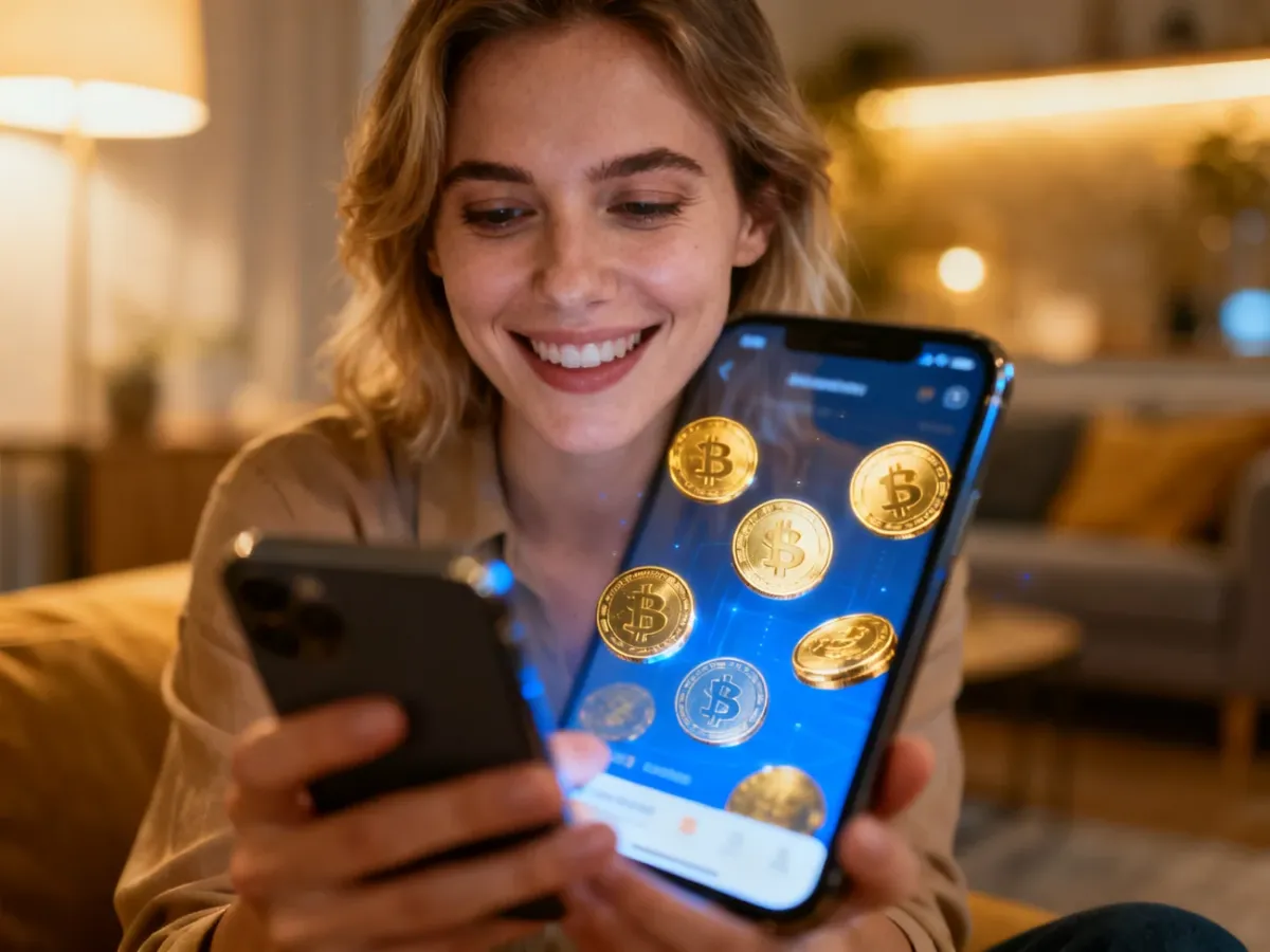 Kobieta z uśmiechem przegląda aplikację zakupową na smartfonie, na którego ekranie widoczne są ikony cyfrowych monet.