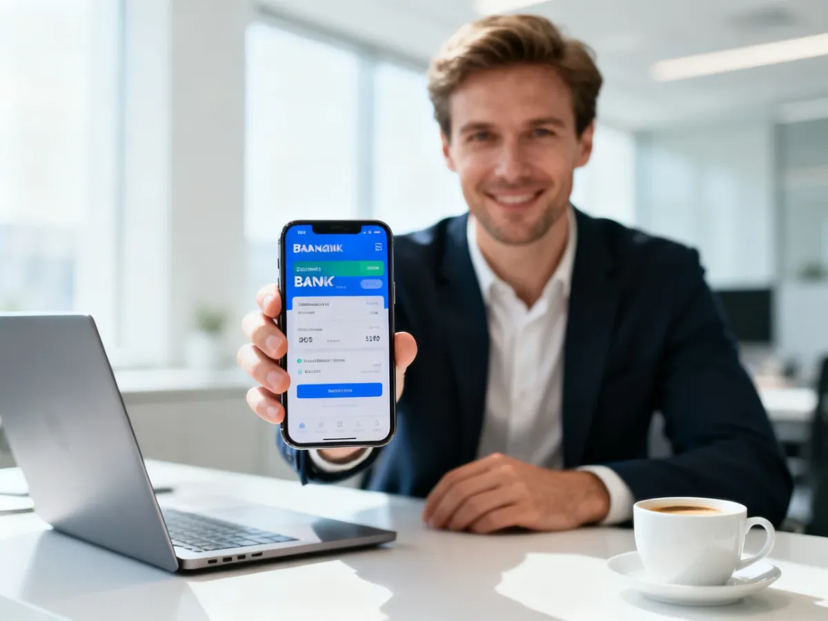 Mężczyzna w nowoczesnym biurze korzystający z aplikacji bankowej na smartfonie, co ułatwia weryfikację numeru IBAN.