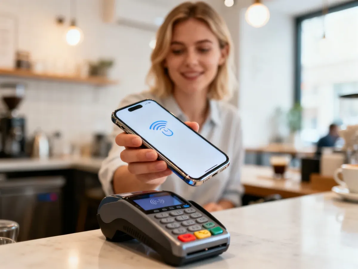 Kobieta płacąca zbliżeniowo smartfonem przy terminalu w kawiarni, ilustrująca działanie usługi Google Pay.
