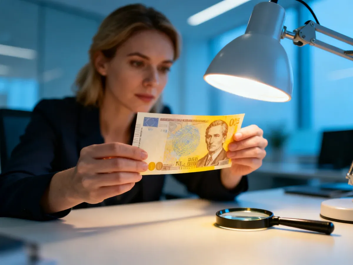 Kobieta sprawdza znak wodny na banknocie 100 zł, trzymając go pod światło lampy biurkowej w celu weryfikacji autentyczności.