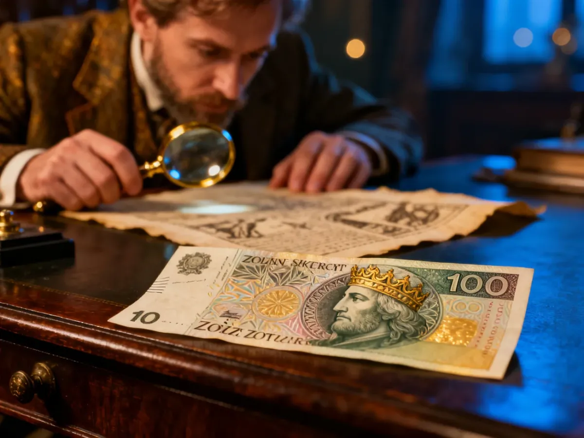 Banknot 100 złotych leżący na drewnianym biurku obok mężczyzny badającego historyczny dokument przez lupę.