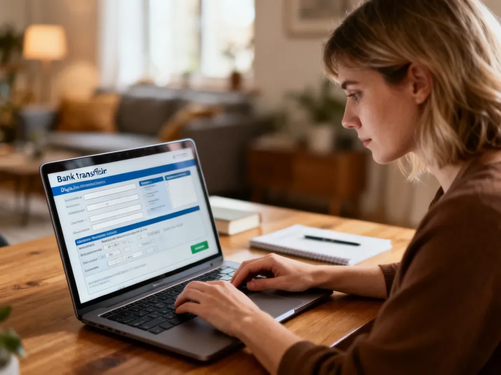 Kobieta wypełniająca formularz przelewu bankowego na laptopie przy biurku w domowym biurze.