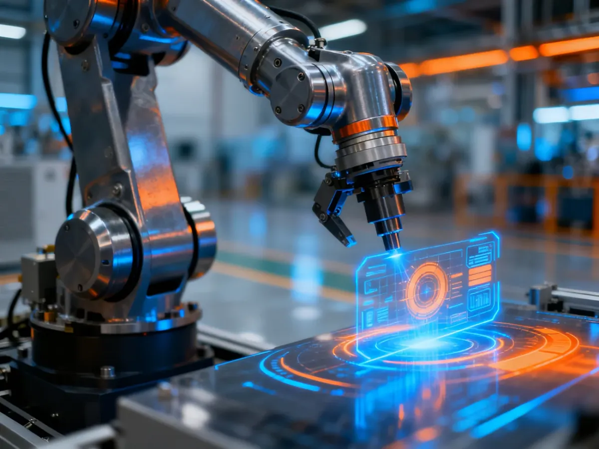 Nowoczesne ramię robotyczne w inteligentnej fabryce, obsługujące cyfrowy interfejs sterujący procesami produkcyjnymi.
