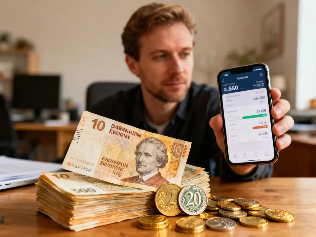 Mężczyzna sprawdza kurs wymiany walut na smartfonie, trzymając w dłoniach duńskie korony i polskie monety na drewnianym stole.