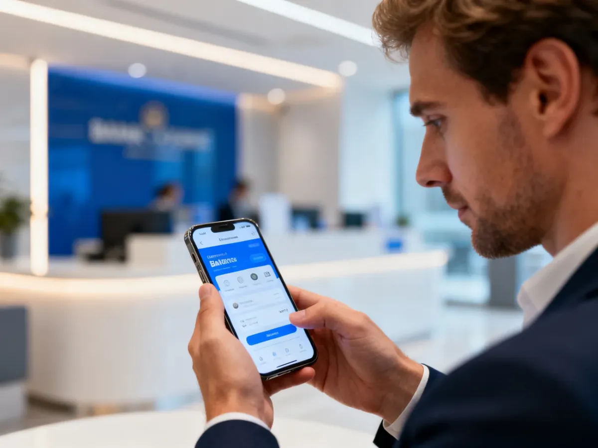 Mężczyzna korzystający z aplikacji bankowej na smartfonie w nowoczesnym biurze, co symbolizuje bezpieczeństwo finansowe.